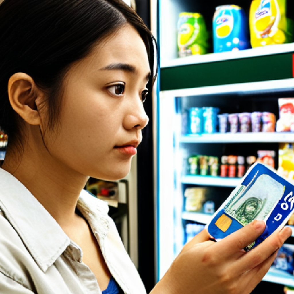 **

A person looking thoughtfully at their open wallet, which contains both cash (yen) and a debit card. They are standing in a bright, modern convenience store with shelves of snacks and drinks in the background. The overall mood should be one of indecision or pondering a choice. Focus on the contrast between the tangible cash and the sleek debit card.

**