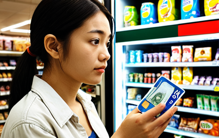 **

A person looking thoughtfully at their open wallet, which contains both cash (yen) and a debit card. They are standing in a bright, modern convenience store with shelves of snacks and drinks in the background. The overall mood should be one of indecision or pondering a choice. Focus on the contrast between the tangible cash and the sleek debit card.

**