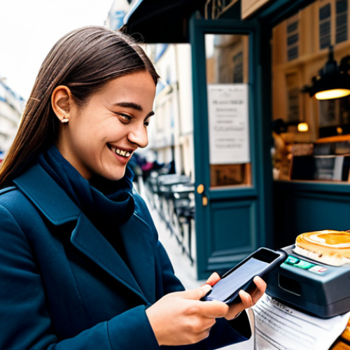 A confident young woman, fully clothed in modest, stylish travel attire, is making a mobile payment at a charming outdoor cafe in Paris. She effortlessly taps her smartphone to a payment terminal, a relaxed smile on her face, with quaint Parisian buildings and a bustling street in the soft-focus background. The scene emphasizes ease and freedom of cashless travel. Perfect anatomy, natural pose, correct proportions, professional photography, high quality, safe for work, appropriate content, fully clothed, modest clothing, family-friendly.
