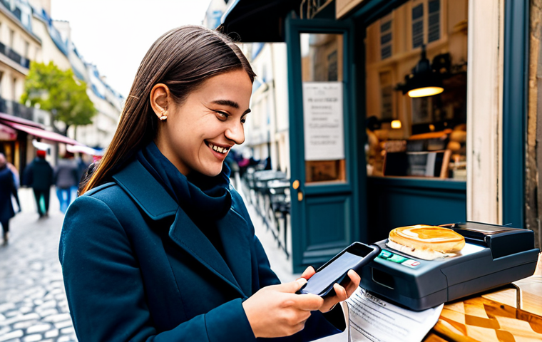 A confident young woman, fully clothed in modest, stylish travel attire, is making a mobile payment at a charming outdoor cafe in Paris. She effortlessly taps her smartphone to a payment terminal, a relaxed smile on her face, with quaint Parisian buildings and a bustling street in the soft-focus background. The scene emphasizes ease and freedom of cashless travel. Perfect anatomy, natural pose, correct proportions, professional photography, high quality, safe for work, appropriate content, fully clothed, modest clothing, family-friendly.