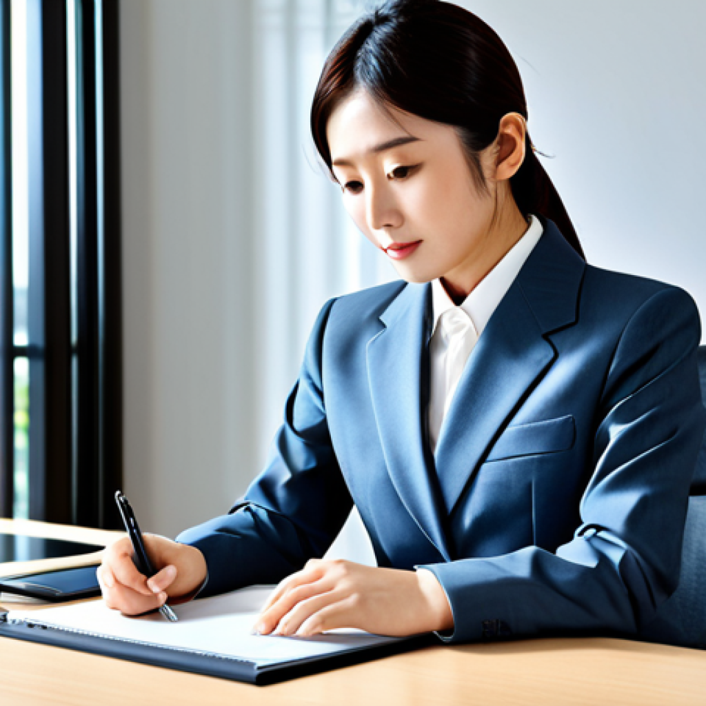 **

Professional Japanese businesswoman in a modest business suit, working at a modern office desk, fully clothed, appropriate attire, safe for work, perfect anatomy, natural proportions, professional photography, high quality.

**