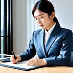 **

Professional Japanese businesswoman in a modest business suit, working at a modern office desk, fully clothed, appropriate attire, safe for work, perfect anatomy, natural proportions, professional photography, high quality.

**