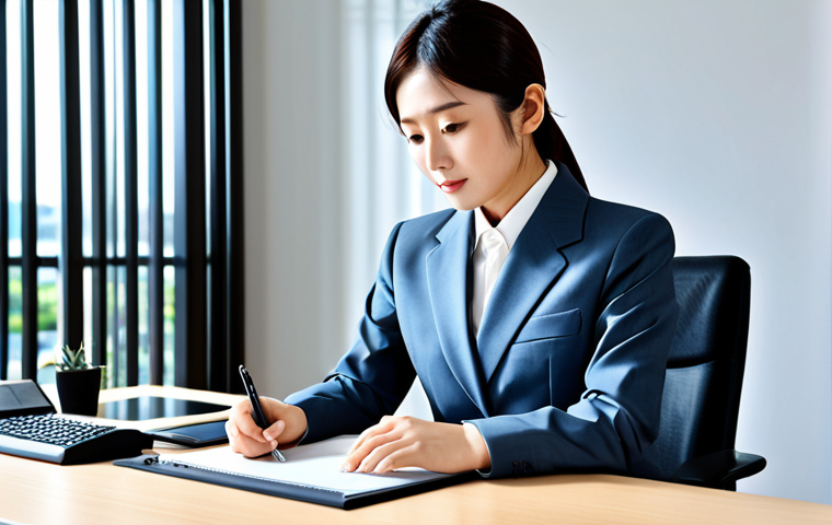 **

Professional Japanese businesswoman in a modest business suit, working at a modern office desk, fully clothed, appropriate attire, safe for work, perfect anatomy, natural proportions, professional photography, high quality.

**