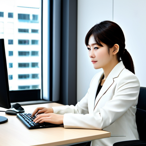 **

A woman, professional attire, business suit, modern office setting, sitting at a desk, working on a computer, fully clothed, appropriate attire, safe for work, perfect anatomy, natural proportions, professional photography, high quality, bright and clean aesthetic, 日本のオフィス (Japanese office).

**
