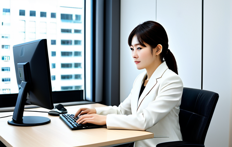 **

A woman, professional attire, business suit, modern office setting, sitting at a desk, working on a computer, fully clothed, appropriate attire, safe for work, perfect anatomy, natural proportions, professional photography, high quality, bright and clean aesthetic, 日本のオフィス (Japanese office).

**