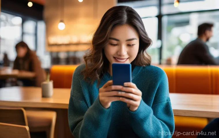 신용카드 결제 알림 서비스 - **Prompt:** A young woman in her late 20s, with a warm, relieved expression, holds a sleek smartphon...