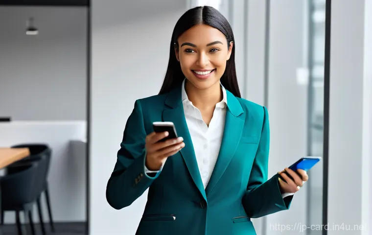 신용카드 결제 알림 서비스 - **Prompt:** A smiling man in his mid-30s, wearing a smart casual outfit like a button-up shirt, is s...