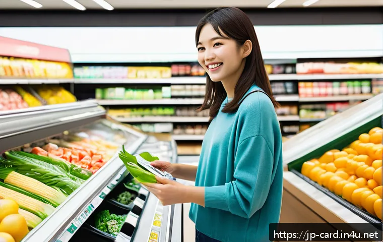 체크카드 할인 혜택 정리 - A modern Japanese supermarket interior bustling with customers shopping during a special weekend sal...