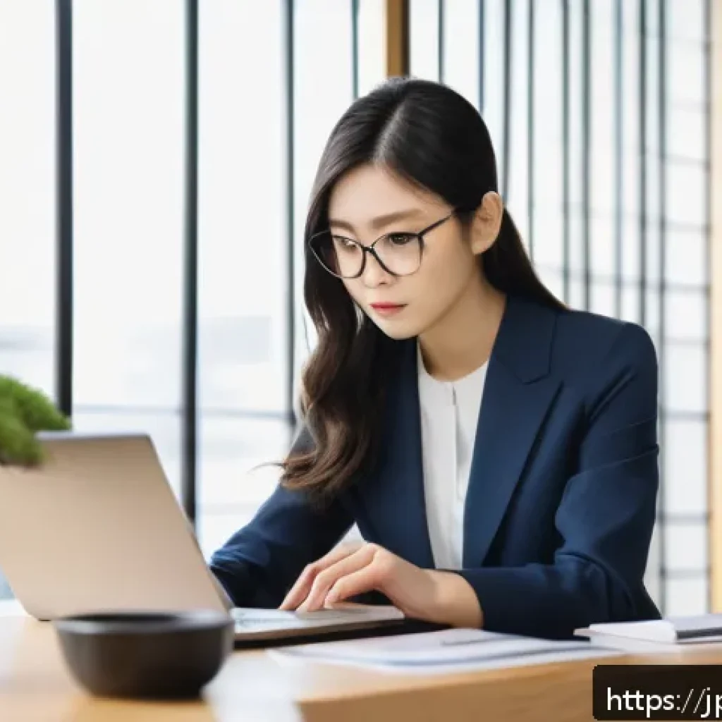 신용카드 연체 이자 계산 - A modern Japanese office scene showing a young professional woman sitting at a sleek desk, carefully...