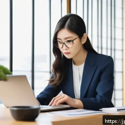 신용카드 연체 이자 계산 - A modern Japanese office scene showing a young professional woman sitting at a sleek desk, carefully...