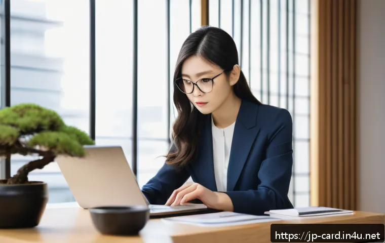 신용카드 연체 이자 계산 - A modern Japanese office scene showing a young professional woman sitting at a sleek desk, carefully...